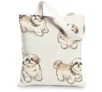 Cute Dog Canvas Tote Bags, Adorable Animal Pattern Reusable Grocery Bags, Lightweight Washable Shoulder Canvas Bags for Sho, Beige, 13x15 Inch