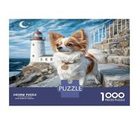 Cute Dog Cardboard Papillon on Coastal Rocks Premium Jigsaw Puzzle Brain Training Home Decor 38x26cm/1000pcs