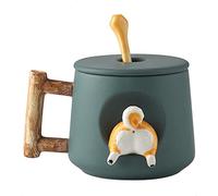 Cute Dog Couple Cup, Ceramic Coffee Mug with a Lid, Paws on The Top of The Spoon, Cute Shiba Lnu Three-Dimensional Design, with Matte Texture,(420ML Green Tail)