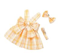 Cute Dog Dress Clothes for Small Dogs Cats Girl Female Yellow Plaid Bow Tie Dog Harness Dresses Leash Set with Pearls Bow Accessories Birthday Puppy Dress Shih Tzu Yorkies Chihuahua (Yellow, L)