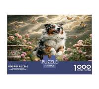 Cute Dog Great Gift Idea 1000 Pc Adult Jigsaws - Aussie Shepherd (pink Blooms Leaping) Impossible Hard Challenging Game for Wall Decoration38x26cm/1000pcs
