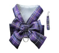 Cute Dog Harness and Leash Set with Bow Tie Soft Mesh Plaid Girl Puppy Harness No Pull Pet Cat Dog Vest Harness for Small Dogs Rabbit Outfit (L)