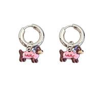 Cute Dog Huggie Hoop Earrings, Silver Small Hoops with Pink Enamel Puppy Charm