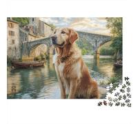 Cute Dog Impossible 1000Pc Jigsaw Puzzle for Adults Golden Retriever Sits by River Bridge Challenging Game | Gift for Women 38x26cm/1000pcs