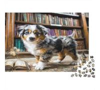 Cute Dog Jigsaw Puzzle 1000 Pieces Recycled Paper Puzzle Aussie Puppy in A Library with Books for Adults Impossible Hard Game Great Gift Idea Home Activity 52x38cm/1000pcs