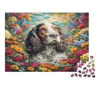 Cute Dog Jigsaw Puzzles 1000 Piece Recycled Paper Cocker Spaniel Surrounded by Flowers for Adults Educational Game Decompression Hard Difficult Challenge 70x50cm/1000pcs