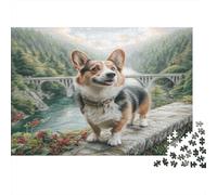 Cute Dog Jigsaw Puzzles 1000 Piece Recycled Paper Corgi near Bridge with River Backdrop for Adults Kids Challenging Family Game Decompression Great Gift 52x38cm/1000pcs