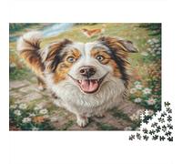 Cute Dog Jigsaw Puzzles 1000 Pieces Recycled Paper Aussie Shepherd Amid Blooms Tongue Out for Adults Kids Impossible Hard Game Challenging Family Activity 52x38cm/1000pcs