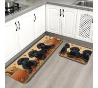 Cute Dog Kitchen Mats for Floor, Black Labrador Puppies Autumn Leaves Soft Mats, Cushioned Comfort Washable Non Slip Decor Rugs for Kitchen Sinks Laundryroom Bathroom 2PCS