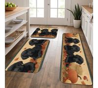 Cute Dog Kitchen Mats for Floor, Black Labrador Puppies Autumn Leaves Soft Mats, Cushioned Comfort Washable Non Slip Decor Rugs for Kitchen Sinks Laundryroom Bathroom 3Pcs