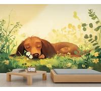 Cute Dog Mural Cartoon Animal Murals Pet Puppy Wallpaper Sunny Forest Animals Wallpaper Green Jungle Plant Leaves Mural Not Peel and Stick Wall Sticker 150 x 100 cm