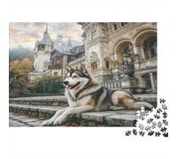 Cute Dog Paperboard Husky Lying on Steps of Ornate Castle Classic Jigsaw Puzzle Interactive Boredom Buster 38x26cm/1000pcs