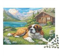 Cute Dog Paperboard Saint Bernard Lying by Lake And Wooden Cabin Classic Jigsaw Puzzle Brain Training Gift for Adults 52x38cm/1000pcs