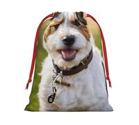Cute Dog Print Christmas Drawstring Gift Bags, Xmas Holiday Fabric Gift Wrapping Bag For Party, Size-L