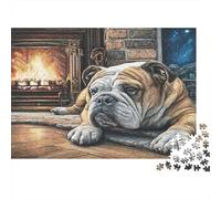 Cute Dog Recycled Paper Bulldog Lying by Fireplace at Night Jigsaw Puzzle Interactive Family Activity 70x50cm/1000pcs