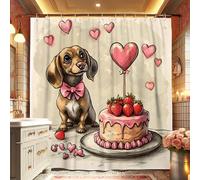 Cute Dog Shower Curtain, Adorable Brown Dachshund with Peach Balloon and Cake, Valentine's Day Bathroom Decor for Kids, Cartoon Style Waterproof Fabric Shower Curtain Set with Hooks 62x72 Inch