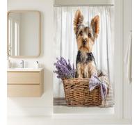 Cute Dog Shower Curtain, Adorable Yorkshire Terrier with Lavender Flowers Bathroom Decor, Spring Summer Modern Rustic Waterproof Fabric Shower Curtain with Hooks 36x72 Inch