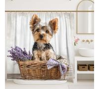 Cute Dog Shower Curtain, Adorable Yorkshire Terrier with Lavender Flowers Bathroom Decor, Spring Summer Modern Rustic Waterproof Fabric Shower Curtain with Hooks 72x72 Inch