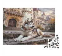 Cute Dog Thick Paper Husky Lying on Steps by Fairytale Castle Jigsaw Puzzle Bundle for Seniors Brain Training Secret Santa Gift 52x38cm/1000pcs