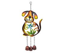 Cute Dog Wind Chime Brightly Coloured Painted Metal Smiling Dog Hanging Windchime Green/Yellow or Orange/Green Diamante Gem (ORANGE)