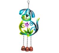Cute Dog Wind Chime Brightly Coloured Painted Metal Smiling Dog Hanging Windchime Green/Yellow or Orange/Green Diamante Gem (GREEN)