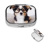 Cute Dog with Glasses Square Metal Pill Box 2 Compartment Cute Travel Pill Organizer Case Portable Medicine Vitamin Organizer Pill Case for Women Men Travel Unique Gift
