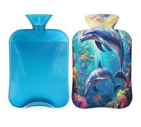 Cute Dolphin Hot Water Bottle with Cover, Under The Sea Dolphin 2L Hot Water Bag for Pain Relief, Neck Soft and Shoulder, Hand Feet Warmer, Hot and Cold Compress for Adult Kids