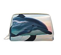 Cute Dolphin Jumping Leather Hand-Held Zipper Makeup Bag Pen Case Stationery Box Lipstick Pouch Toiletry Bag