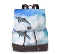 Cute Dolphin Print Women Backpack Waterproof Anti-Theft Lightweight Pu Fashion Leather Nylon School Shoulder Bag Travel Backpack