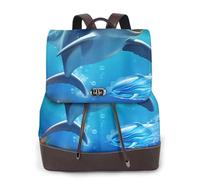 Cute Dolphin Print Women Fashion Backpack Ladies Pu Leather Backpacks Handbag Waterproof Rucksack Travel Backpack with Flap