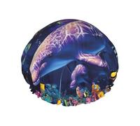 Cute Dolphin Printed Reusable Bathing Cap, Dual Layer Hair Cover For Long Thick Hair, 10.6in Headgear