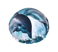 Cute Dolphin Shower Cap for Women Men Large Waterproof Shower Bonnet Elastic Band Bathing Hair Hat Spa Salon Caps Double Layered Reusable Bath Caps for Long Hair, Braids