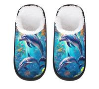 Cute Dolphin Slipper for Women Men Under The Sea Dolphin Travel Slippers Foldable Indoor Plush Lining Slip on House Slippers Memory Foam Warm Home Sock Shoes L