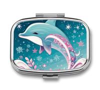 Cute Dolphin Snowflake Pill Box Square Metal Small Pill Case with 2 Compartment Portable Travel Pill Organizer for Vitamins, Medication, Fish Oil