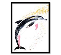 Cute Dolphin With Gold Paint Splatter Bright Fun Framed Art Print Artery8 Pink A4