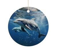 Cute Dolphins Ceramic Christmas Ornaments 2.9 Inch - Double Sided Round Holiday Tree Hanging Decor for Home, Party, Hotel Decorations, Gift for Teacher, Neighbor, Friend