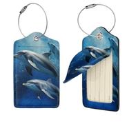 Cute Dolphins Luggage Tags for Suitcases, 4 PCS PU Leather Suitcase Tags Identifiers with Stainless Steel Loop, Privacy Cover ID Label with Address Card, Travel Essentials Bag Tag