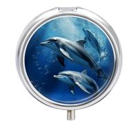 Cute Dolphins Pill Box 3 Compartment Travel Pill Organizer 3 Times A Day Cute Mini Pill Case for Purse & Pocket Portable Metal Medicine Box with Mirror Round Daily Medicine Vitamin Container