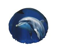 Cute Dolphins Shower Cap for Women Men Large Reusable Shower Bonnet Double-Layer Waterproof Bath Caps Elastic Band Hair Hat for All Hairstyles, Travel-Friendly