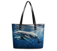Cute Dolphins Tote Bag Large Soft Leather Purse with Zipper Lightweight Ladies Shoulder Handbag
