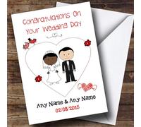 Cute Doodle Black Bride White Groom Personalised Wedding Card - Personalised Wedding Day Card, Congratulations On Wedding Day Card For Bride & Groom