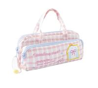 Cute Double Layer Pencil Case with Handle Large Capacity Kawaii Pen Bag for Girls Aesthetic Checkered Stationery Organizer with Embroidery Multifunctional Makeup Pouch for School Kids Teens (Muti-D)
