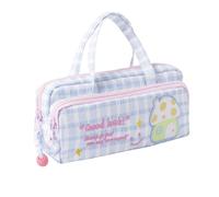 Cute Double Layer Pencil Case with Handle Large Capacity Kawaii Pen Bag for Girls Aesthetic Checkered Stationery Organizer with Embroidery Multifunctional Makeup Pouch for School Kids Teens (Muti-B)