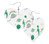 Cute Double-Sided Heart Earrings Alien Planet Ufo Trendy Fun Faux Leather Dangle Earrings Jewellery Gift For Women Girls