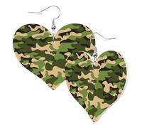 Cute Double-Sided Heart Earrings Army Green Camouflage Trendy Fun Faux Leather Dangle Earrings Jewellery Gift For Women Girls