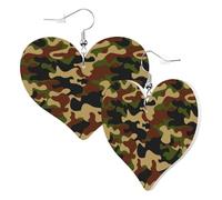 Cute Double-Sided Heart Earrings Army Green Camouflage Trendy Fun Faux Leather Dangle Earrings Jewellery Gift For Women Girls