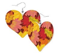 Cute Double-Sided Heart Earrings Colorful Fall Leaves Maple Leaf Trendy Fun Faux Leather Dangle Earrings Jewellery Gift For Women Girls