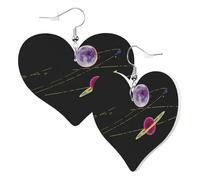 Cute Double-Sided Heart Earrings Planet Universe Galaxy Trendy Fun Faux Leather Dangle Earrings Jewellery Gift For Women Girls
