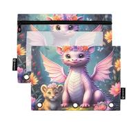 Cute Dragon Pink Unicorn Pencil Pouch for 3 Ring Binder Zipper Binder Pencil Bags Cute School Clear Binders Pockets Classroom 9.8" x 7.1", 2 Packs