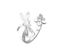 Cute Dragonfly Finger Band Stainless Steel Flying Elves Rings Open Adjustable Wrap Flower Insects Stackable Eternity Promise Statement Ring Comfort Fit Fashion Charming Jewelry for Women Ladies, Metal